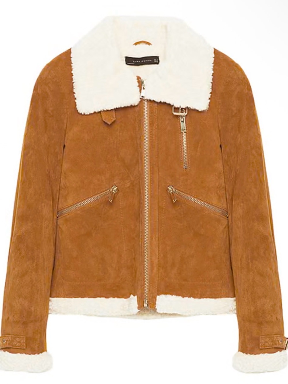 Zara Tan Suede Shearling Jacket with Cream Collar
